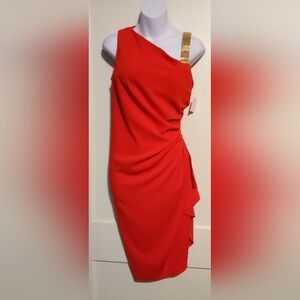 🛍️ BUNDLE ONLY🛍️Vintage Chic Red Midi Dress with Gold Strap Accent